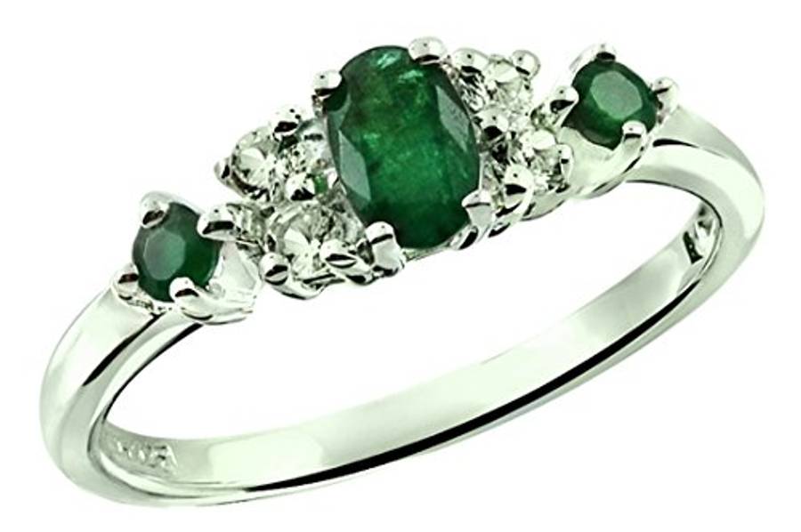 0.54 Carat Natural Emerald with White Topaz Rhodium-Plated 925 Sterling Silver Ring