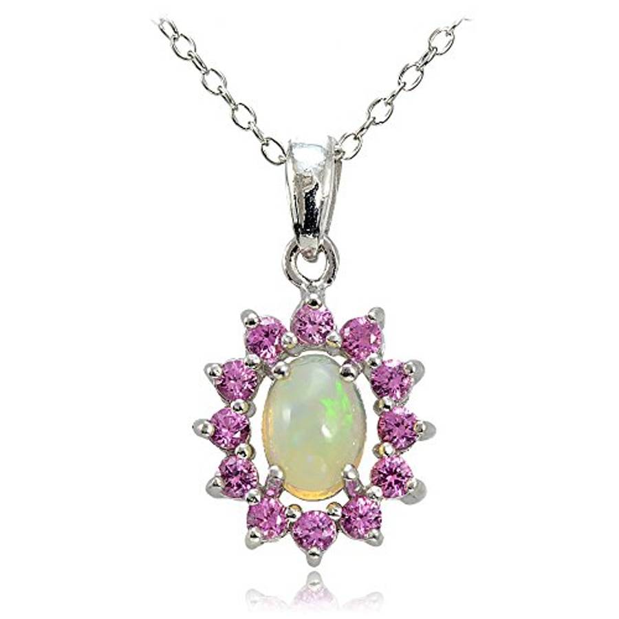 Sterling Silver Ethiopian Opal and Created Pink Sapphire Oval Flower Necklace