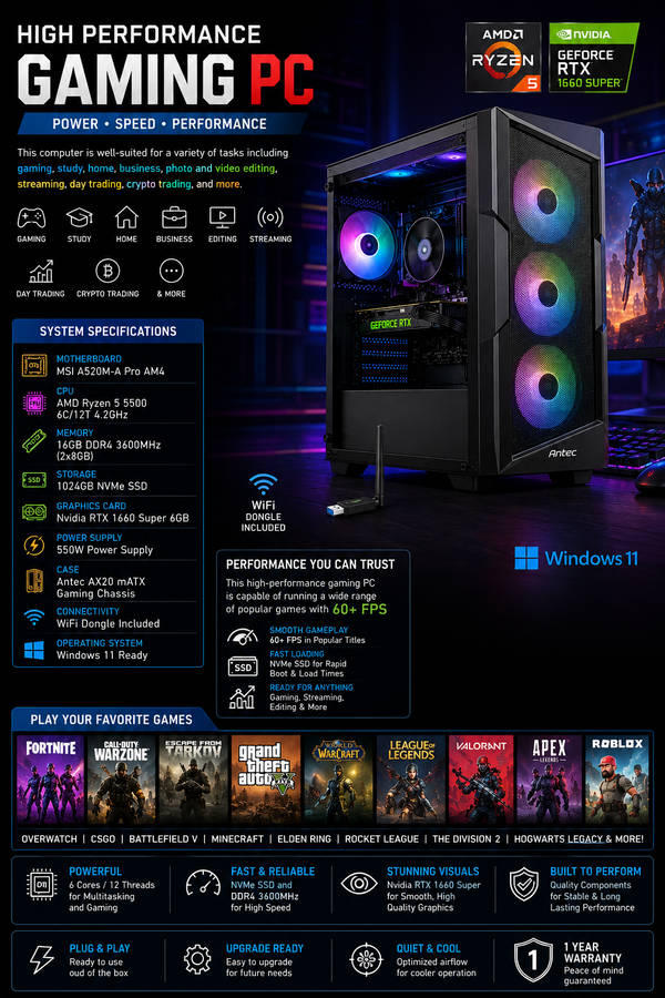 Rosa Tech "Shadow Bolt" Ryzen 5 5500 1660 Super Gaming pc