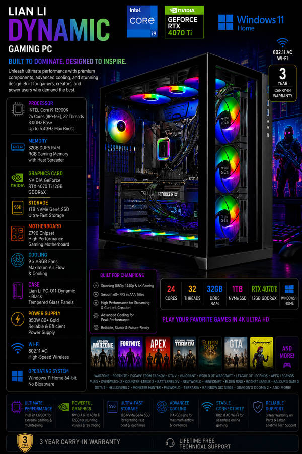 Rosa Tech Gaming Prism II PC Desktop  Intel Core i9 13900K 3.0 GHz, NVIDIA RTX 4070 Ti, 1TB NV...
