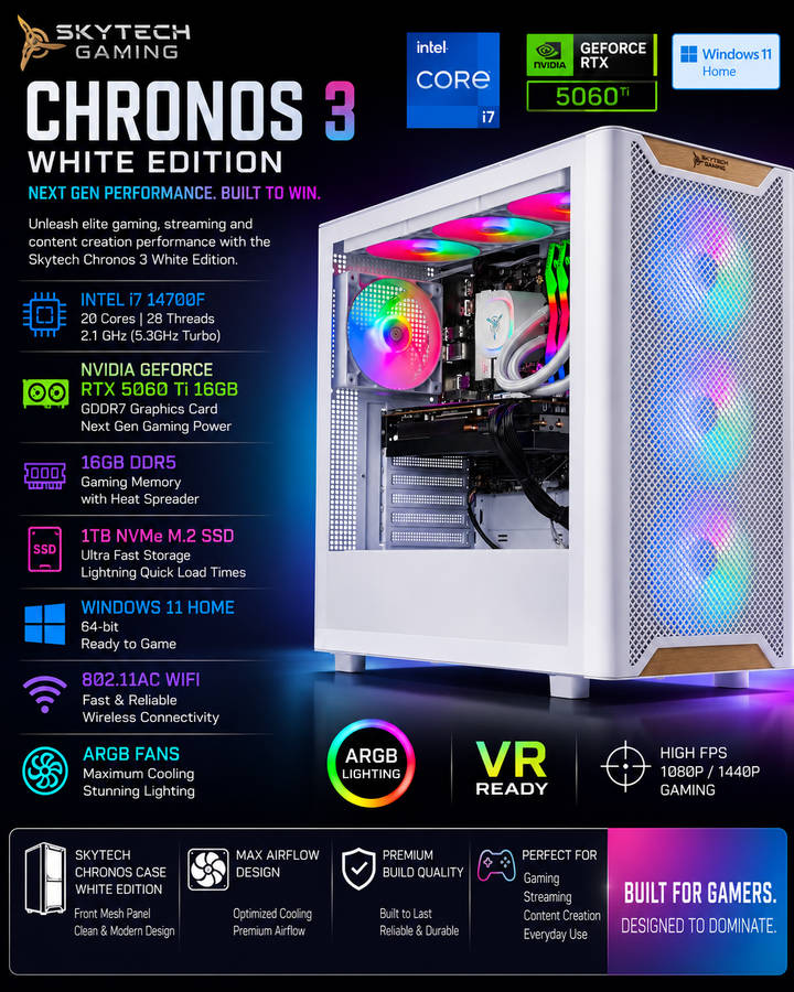 Skytech Gaming Chronos 3 Desktop PC, Intel i7 14700F 2.1 GHz (5.3GHz Turbo), NVIDIA RTX 5060 Ti 1...
