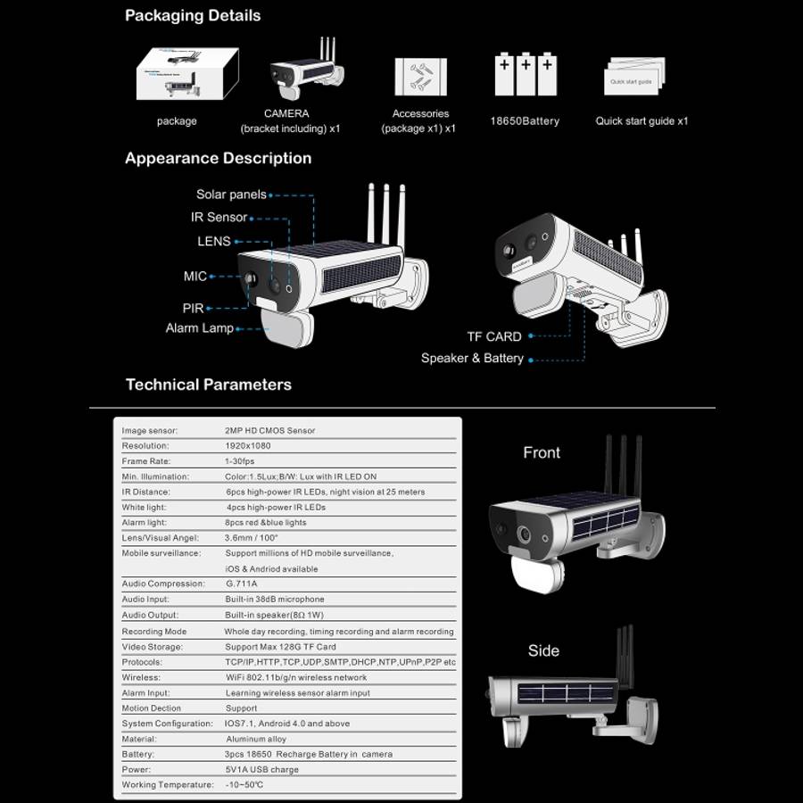 T8 1080P Full HD Solar Battery Ultra Low Power Sound Light Alarm Network Camera, Support Motion D...