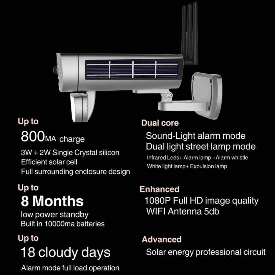T8 1080P Full HD Solar Battery Ultra Low Power Sound Light Alarm Network Camera, Support Motion D...