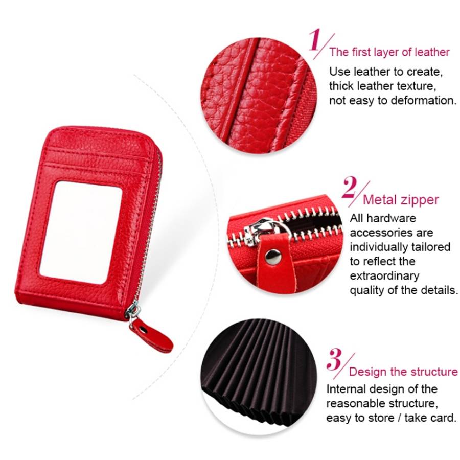 Genuine Cowhide Leather Solid Color Zipper Vertical Card Holder Wallet RFID Blocking Card Bag Pro...