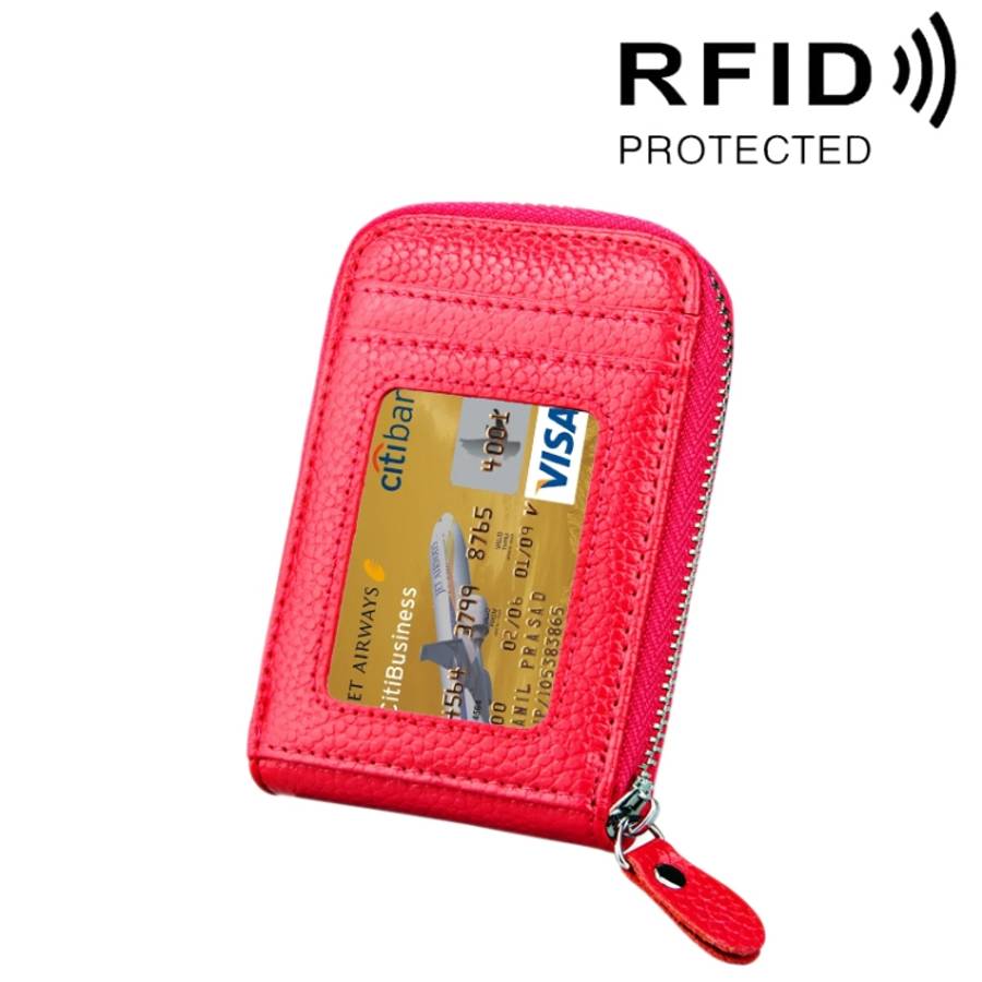 Genuine Cowhide Leather Solid Color Zipper Vertical Card Holder Wallet RFID Blocking Card Bag Pro...
