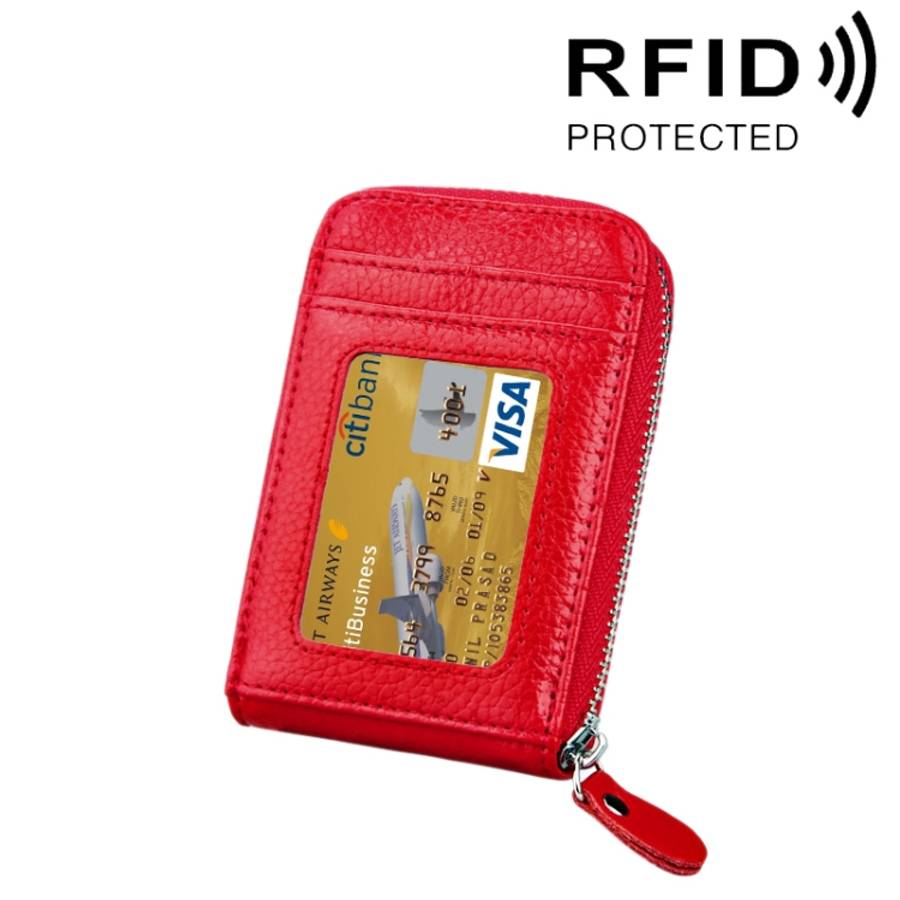 Genuine Cowhide Leather Solid Color Zipper Vertical Card Holder Wallet RFID Blocking Card Bag Pro...