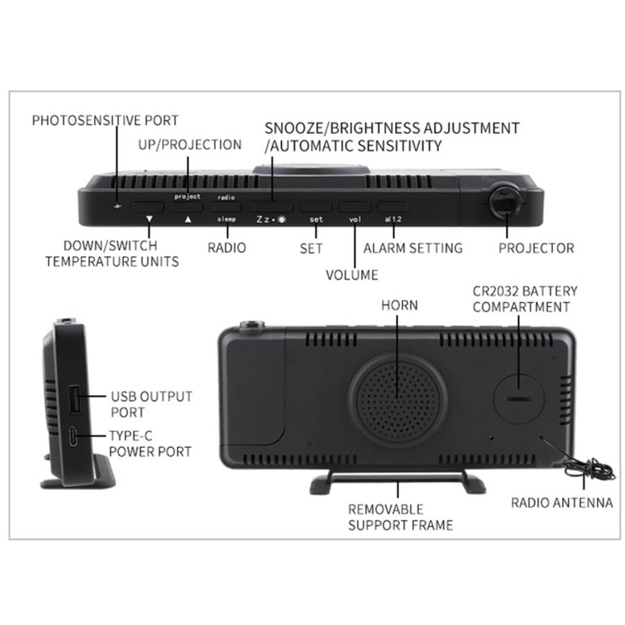 TS-9210 Digital Mirror Projection Alarm Clock With FM Radio &amp; Temperature Humidity