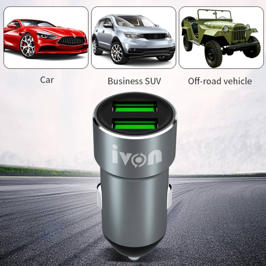 IVON CC38 2.4A Dual USB Car Charger + 1m USB to 8 Pin Fast Charge Data Cable Set