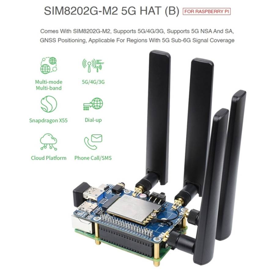 Waveshare SIM8202G-M2 5G HAT B Multi Band Snapdragon X55 Module Board for Raspberry Pi
