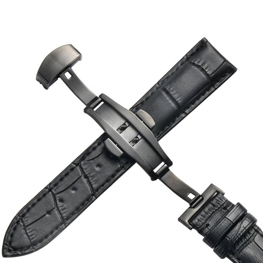 Classic Cowhide Leather Black Butterfly Buckle Replacement Strap Watchband, 14mm, 16mm, 18mm, 20m...