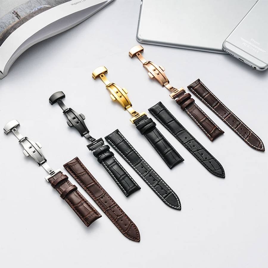 Classic Cowhide Leather Black Butterfly Buckle Replacement Strap Watchband, 14mm, 16mm, 18mm, 20m...