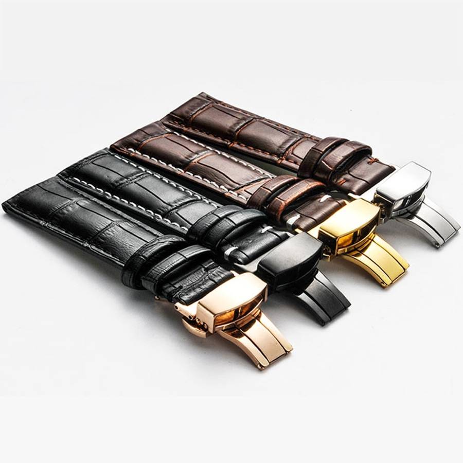 Classic Cowhide Leather Black Butterfly Buckle Replacement Strap Watchband, 14mm, 16mm, 18mm, 20m...