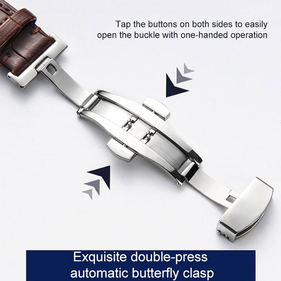 Classic Cowhide Leather Black Butterfly Buckle Replacement Strap Watchband, 14mm, 16mm, 18mm, 20m...