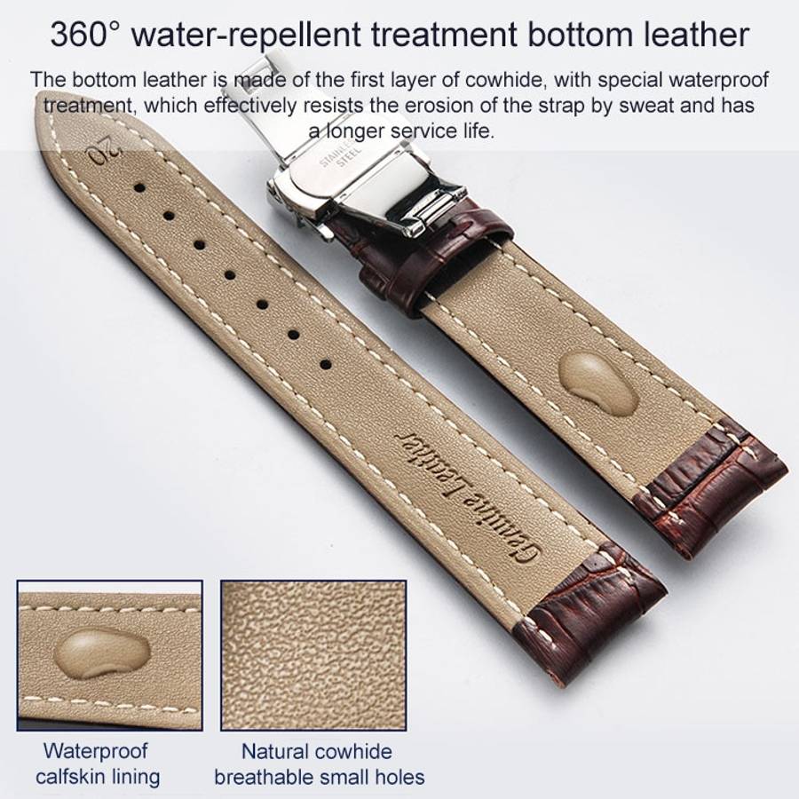 Classic Cowhide Leather Black Butterfly Buckle Replacement Strap Watchband, 14mm, 16mm, 18mm, 20m...