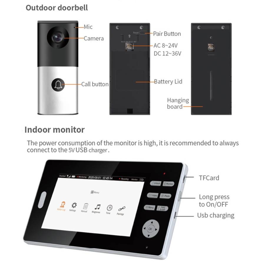 2.4G Wireless Video Doorbell 720P Support Night Vision &amp; Talk &amp; Monitor