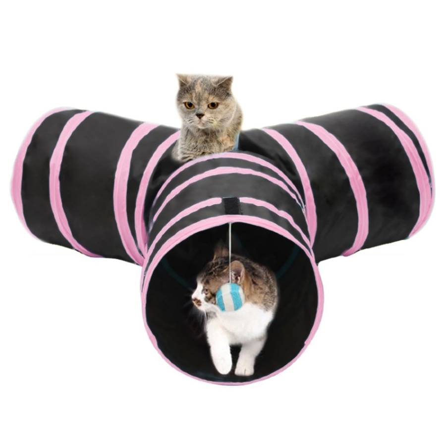 Foldable 3 Exits Exercising Cat Tunnel with A Hanging Ball, Tunnel Exits:3 Pink