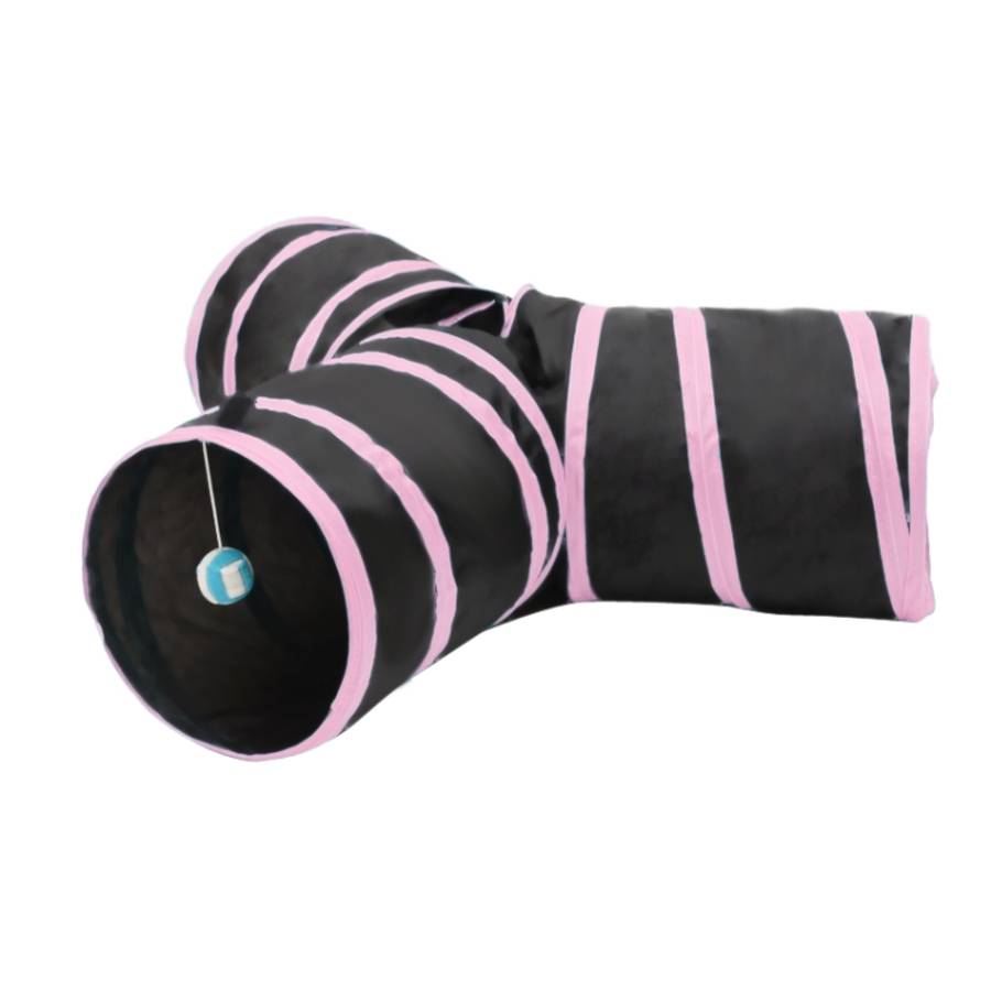 Foldable 3 Exits Exercising Cat Tunnel with A Hanging Ball, Tunnel Exits:3 Pink