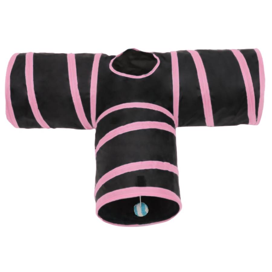 Foldable 3 Exits Exercising Cat Tunnel with A Hanging Ball, Tunnel Exits:3 Pink