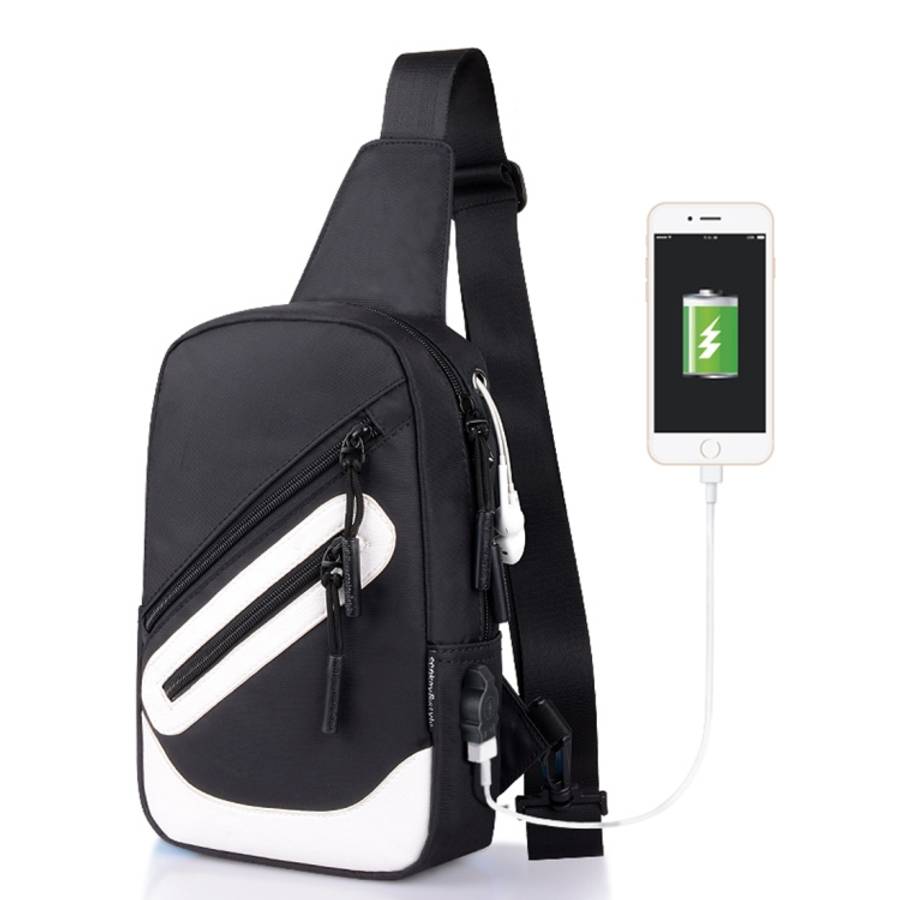 Multi-Function Portable Casual Canvas  Chest Bag Outdoor Sports Shoulder Bag with External USB Ch...