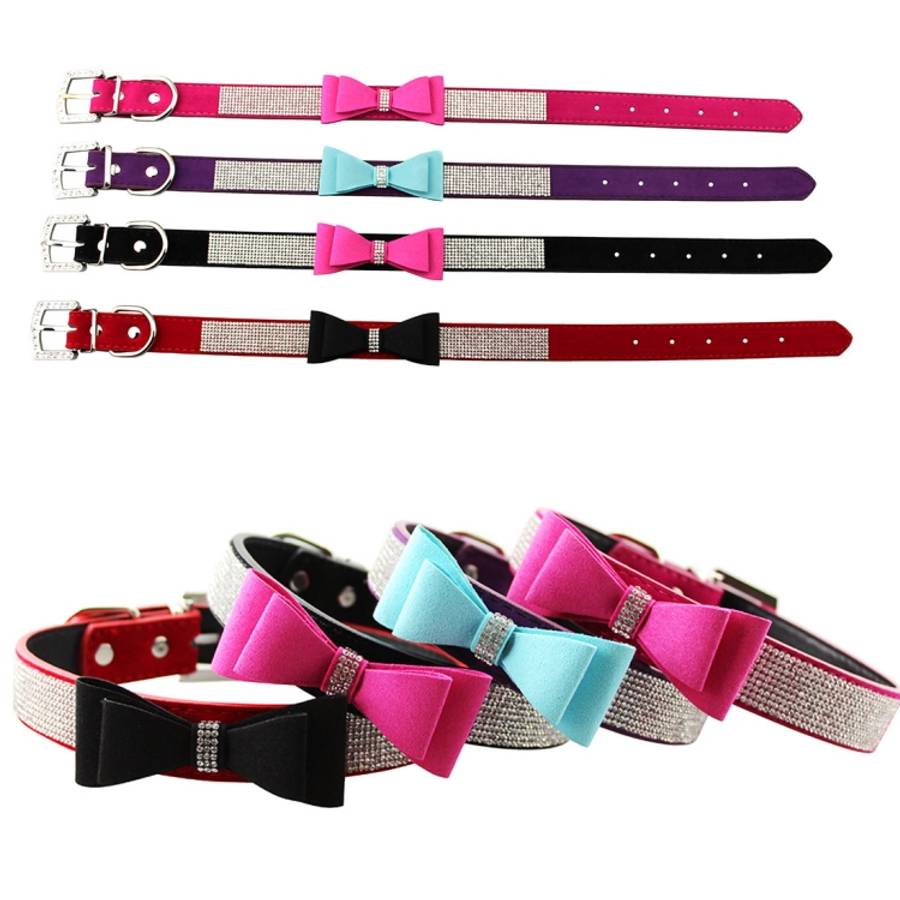 Flocking Diamond Studded Bowknot Pet Collar Dog Collar Pet Products, Size: S, 1.5 * 37cm, Size: S