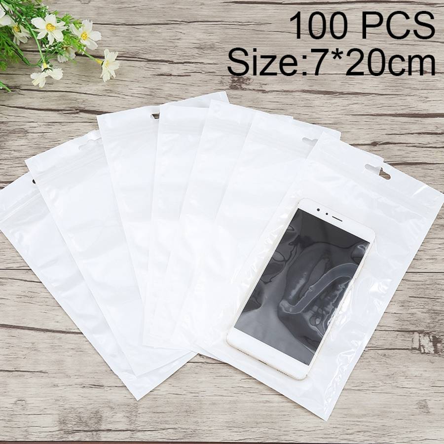 100 PCS 7cm x 20cm Hang Hole Clear Front White Pearl Jewelry Zip Lock Packaging Bag, Custom Print...