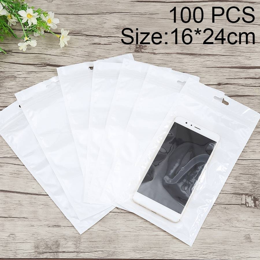 100 PCS 16cm x 24cm Hang Hole Clear Front White Pearl Jewelry Zip Lock Packaging Bag, Custom Prin...