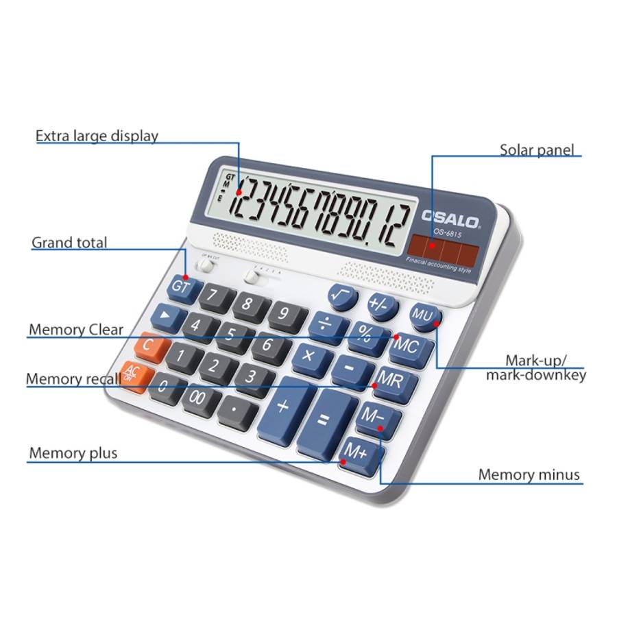 OSALO OS-6815 12 Digits Desktop Calculator Solar Energy Dual Power Calculator