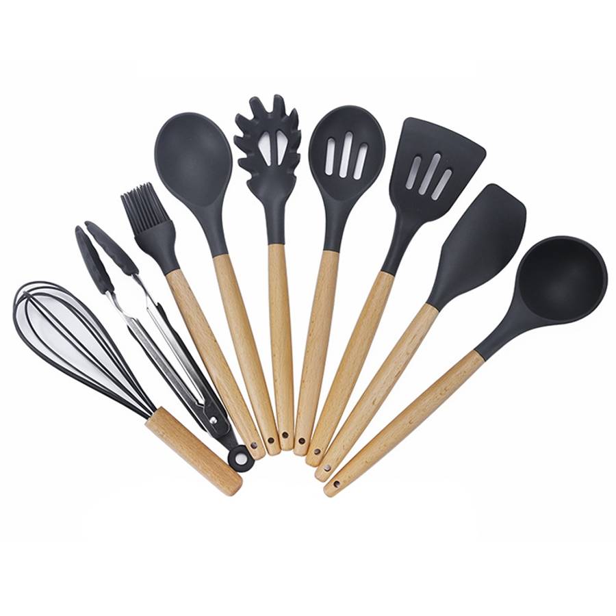 kn020 9 in 1 B Version Wooden Handle Silicone Non-stick Spatula Spoon Kitchen Tool Set