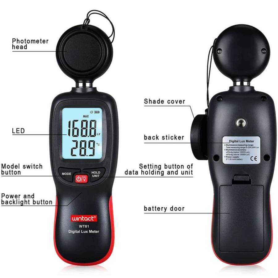 Wintact WT81 Digital Light Lux Meter for Factory / School / House Various Occasion, Range: 0-200,...