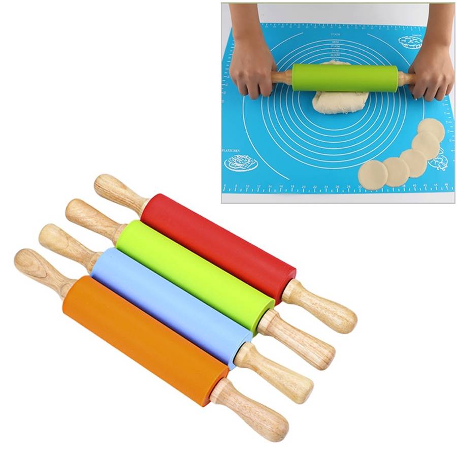 kn055 Solid Wooden Handle Silicone Rolling Pin Non-stick Food Dumpling Stick, Length: 38cm, Rando...