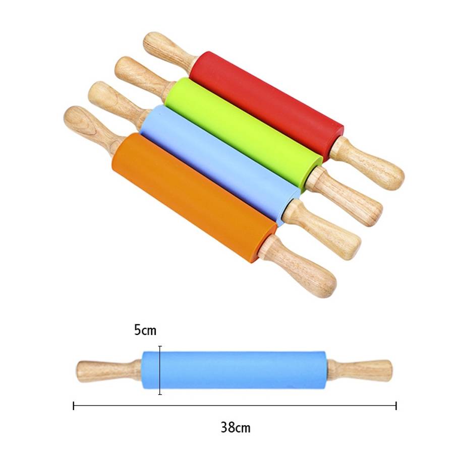 kn055 Solid Wooden Handle Silicone Rolling Pin Non-stick Food Dumpling Stick, Length: 38cm, Rando...