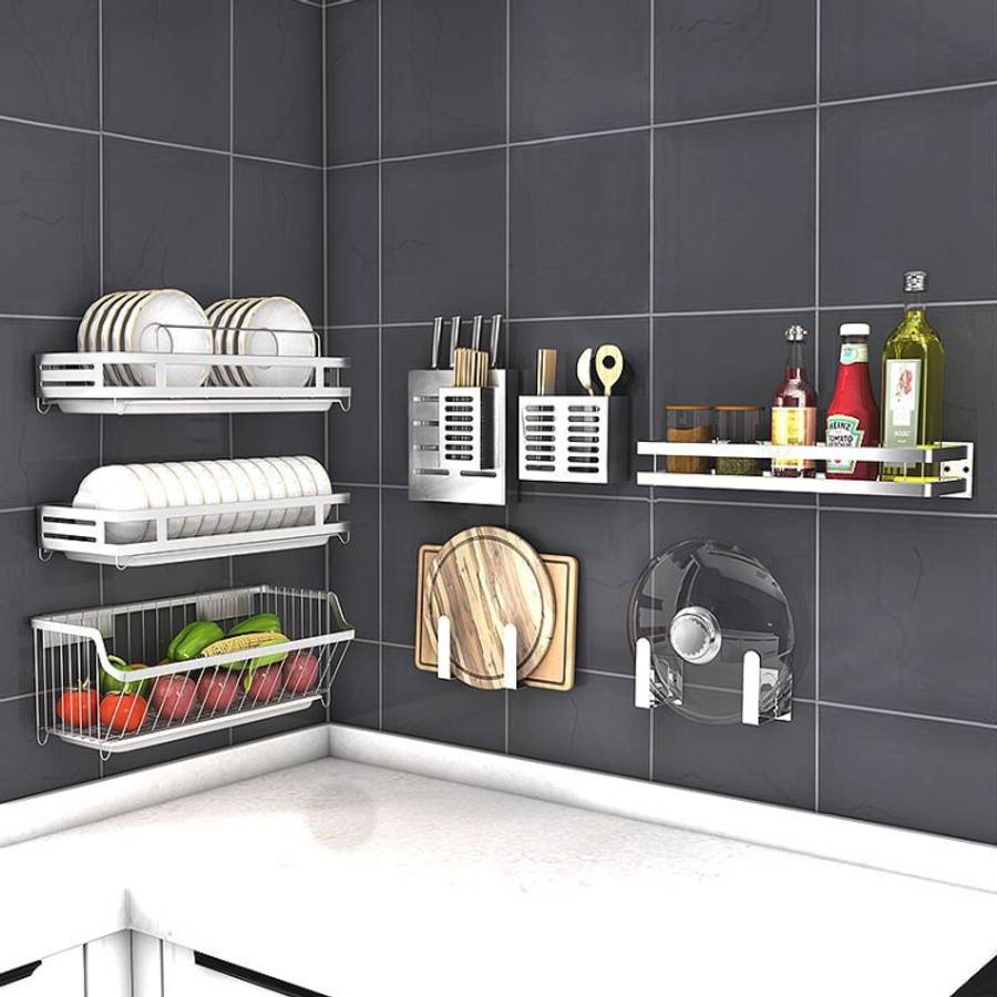 304 Stainless Steel Wall-mounted Kitchen Rack Hanging Knife Holder Double Cage Chopsticks Canister