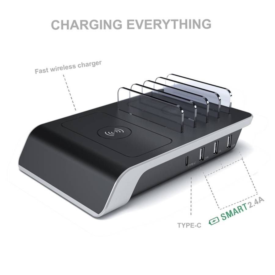 UD09 4 USB Ports Qi Standard Wireless Charger Phone Desktop Stand Holder, UK Plug