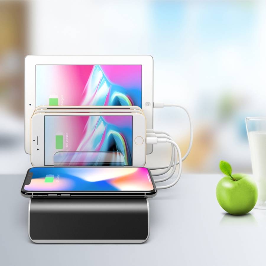 UD09 4 USB Ports Qi Standard Wireless Charger Phone Desktop Stand Holder, UK Plug
