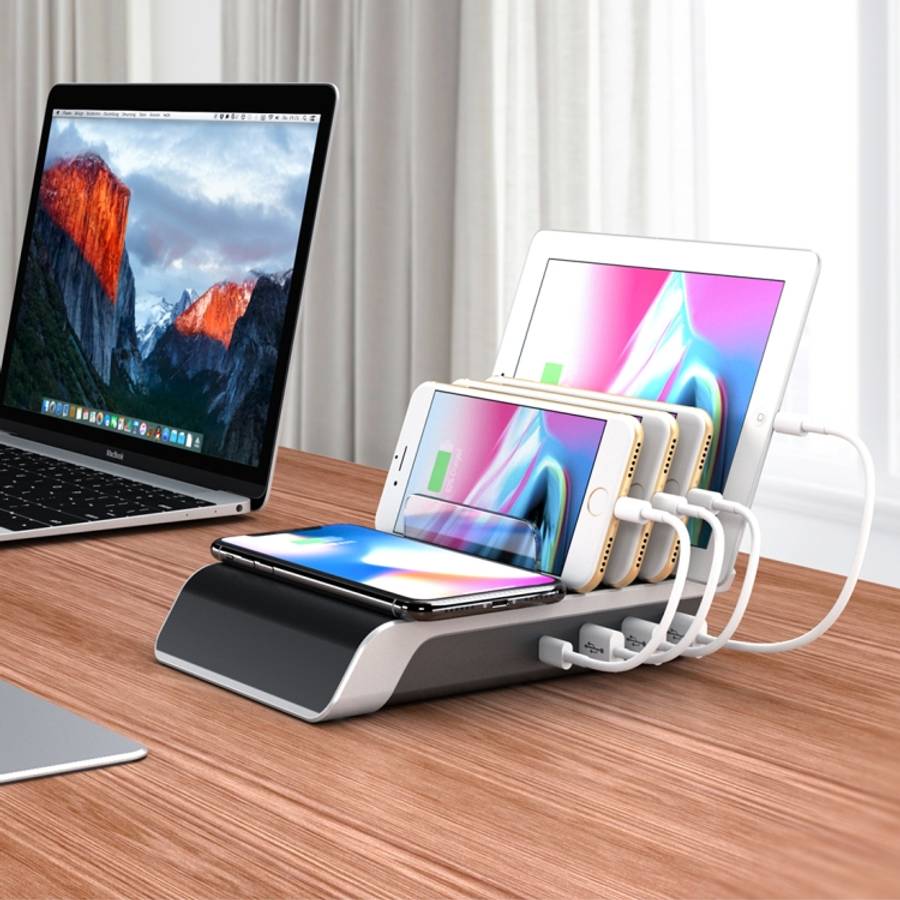 UD09 4 USB Ports Qi Standard Wireless Charger Phone Desktop Stand Holder, UK Plug