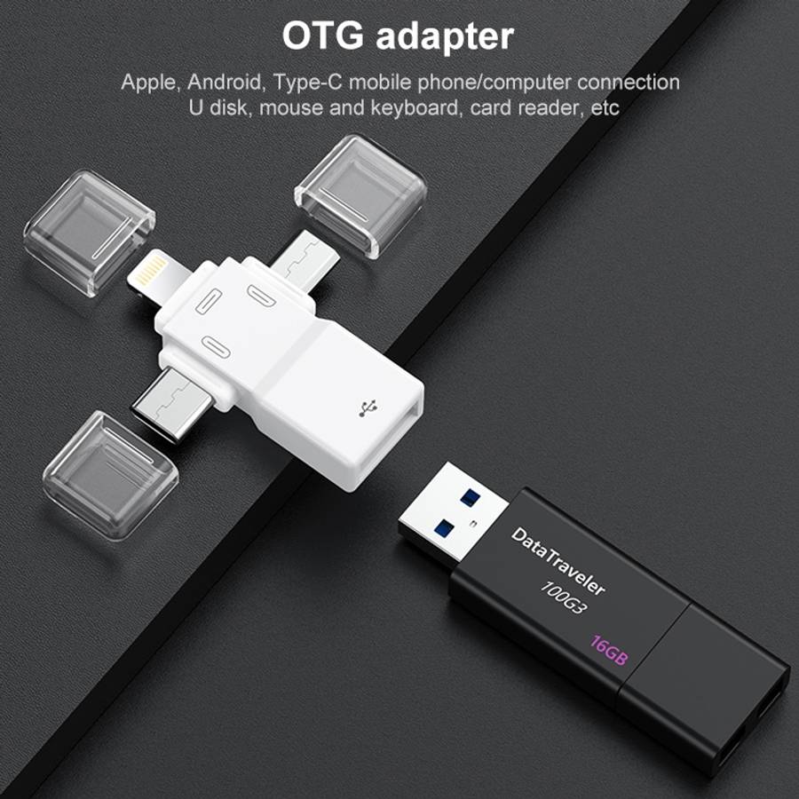 USB 2.0 to 8 Pin + USB-C / Type-C + Micro USB  OTG Adapter