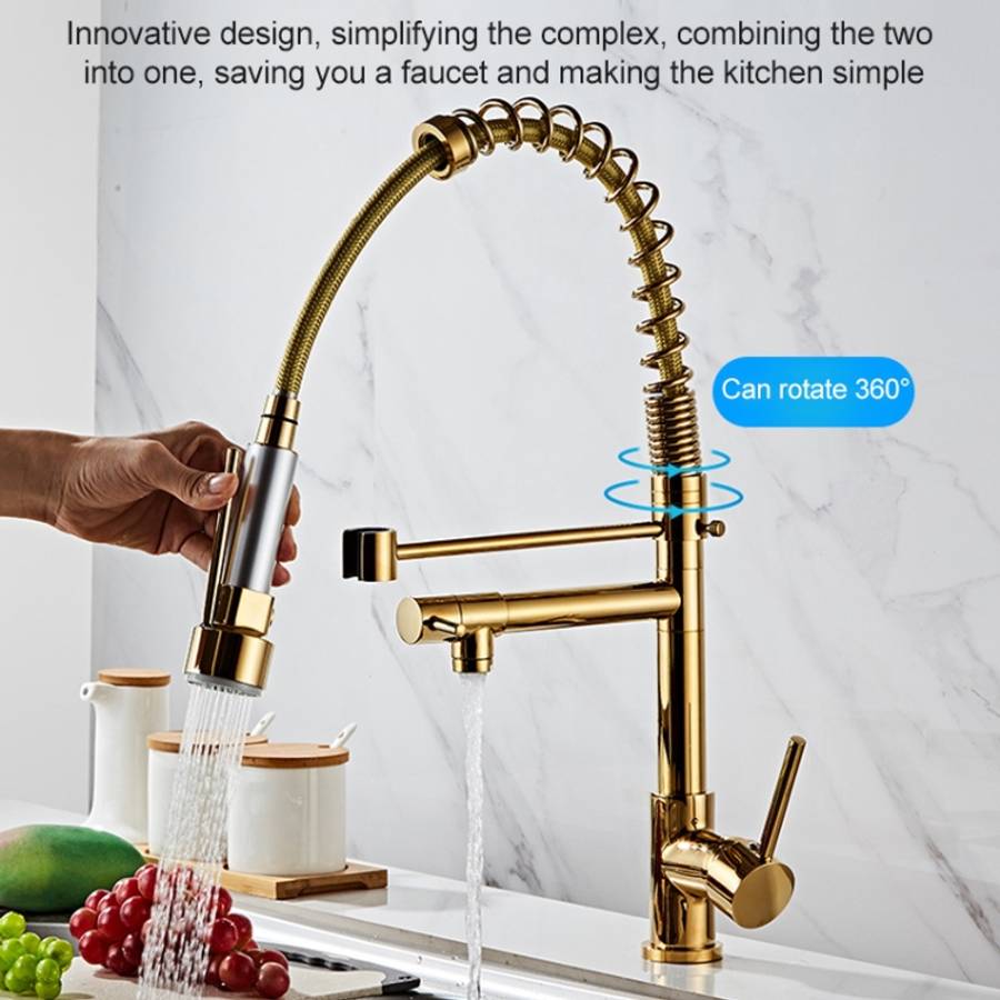 Copper Pull Type Large Spring Double Outlet Kitchen Sink Hot Cold Faucet