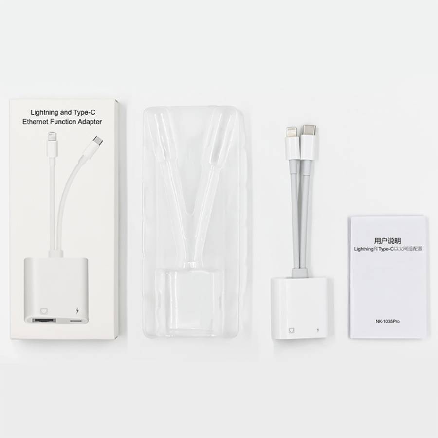 NK-1035 Pro 2 in 1 USB-C / Type-C + 8 Pin Male to RJ45 + 8 Pin Charging Female Interface Adapter