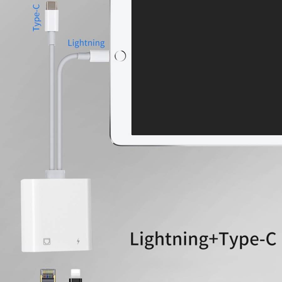 NK-1035 Pro 2 in 1 USB-C / Type-C + 8 Pin Male to RJ45 + 8 Pin Charging Female Interface Adapter