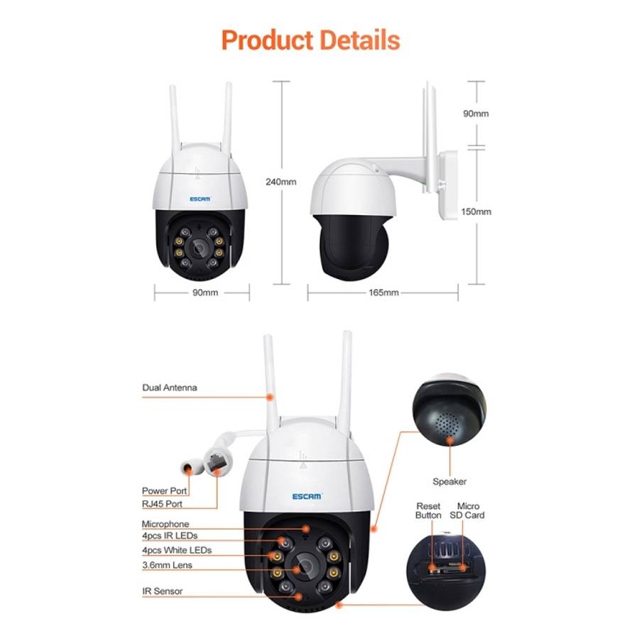 ESCAM QF218 1080P Pan / Tilt AI Humanoid Detection IP66 Waterproof WiFi IP Camera, Support ONVIF ...