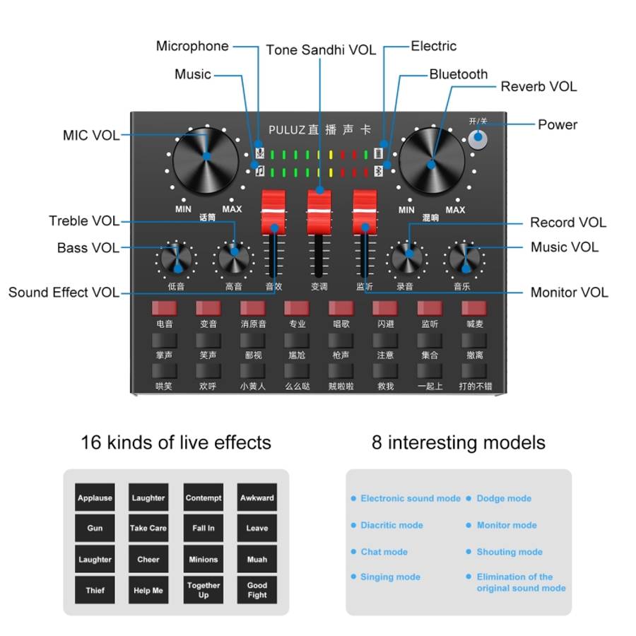 PULUZ Sound Card Live Broadcast Bluetooth Sound Mixer Studio Microphone Kits with Suspension Scis...