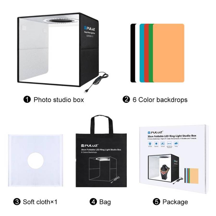 PULUZ 30cm Folding Ring Light Photo Lighting Studio Shooting Tent Box Kit with 6 Colors Black / W...