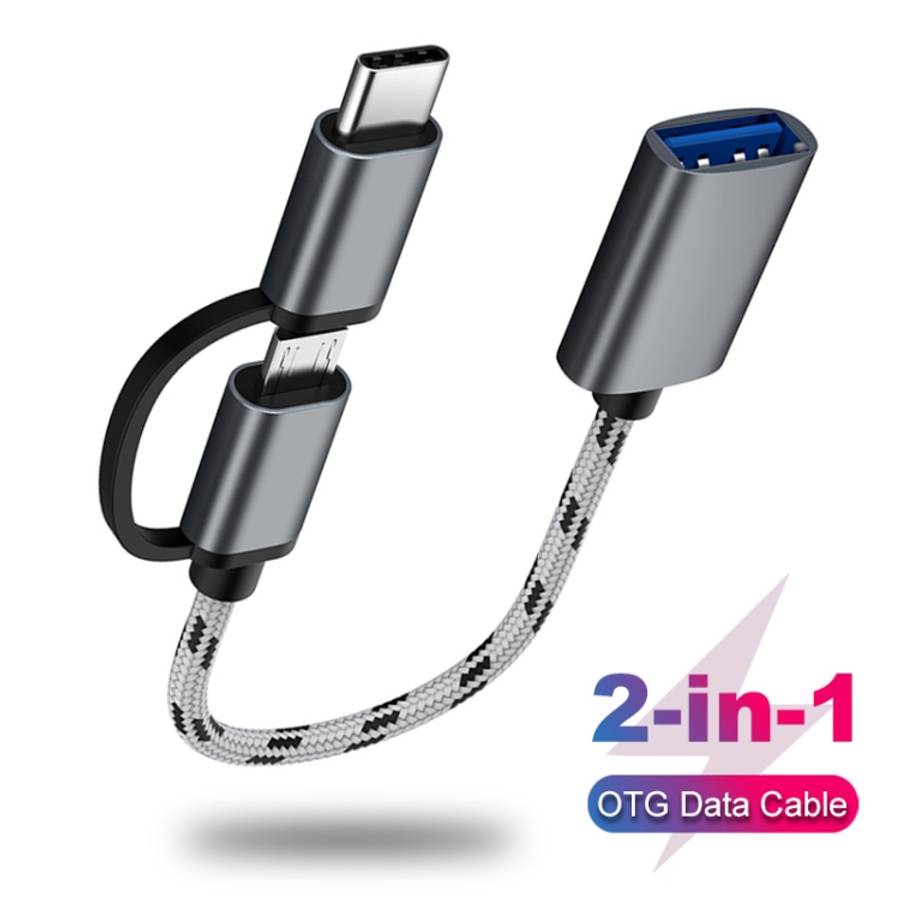USB 3.0 Female to Micro USB + USB-C / Type-C Male Charging + Transmission OTG Nylon Braided Adapt...