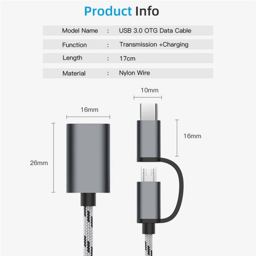 USB 3.0 Female to Micro USB + USB-C / Type-C Male Charging + Transmission OTG Nylon Braided Adapt...