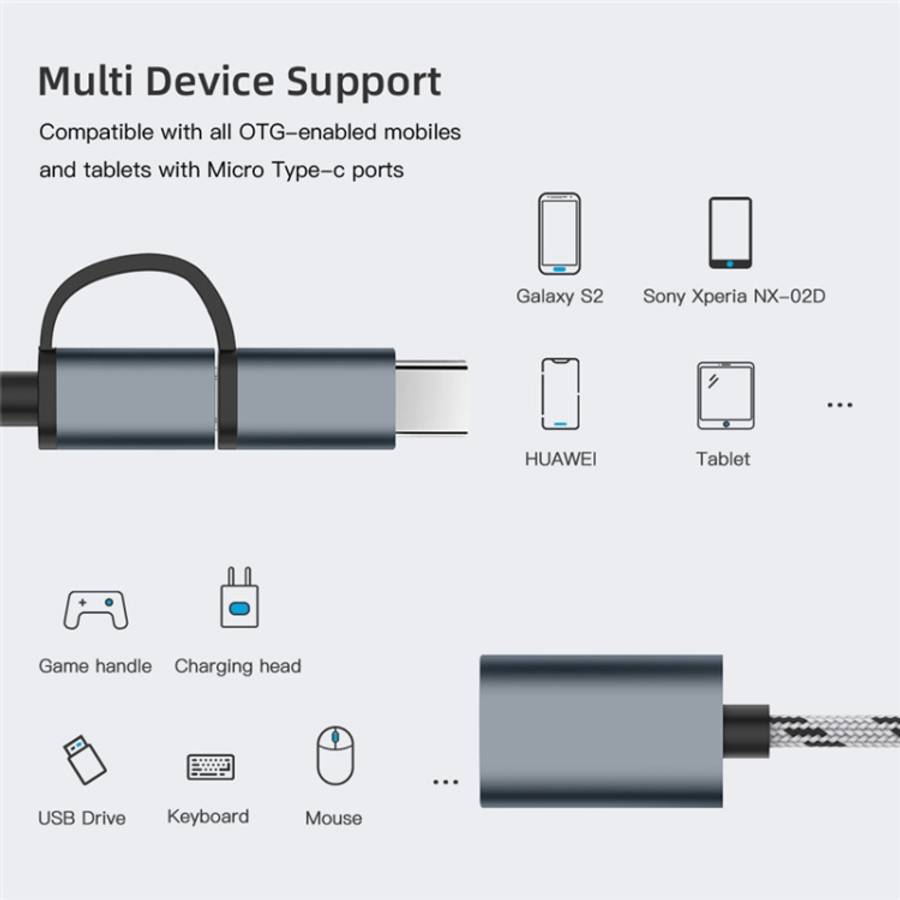 USB 3.0 Female to Micro USB + USB-C / Type-C Male Charging + Transmission OTG Nylon Braided Adapt...