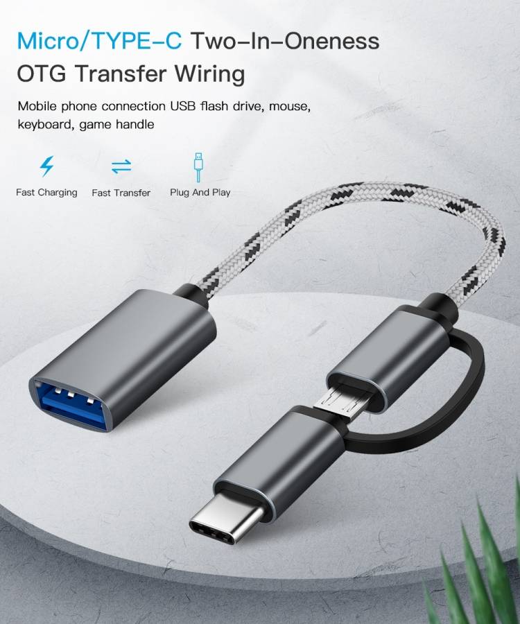 USB 3.0 Female to Micro USB + USB-C / Type-C Male Charging + Transmission OTG Nylon Braided Adapt...