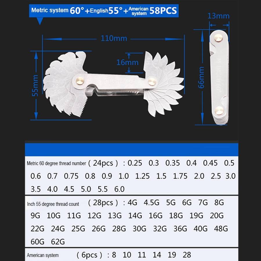 58 PCS Metric 60 Degrees +British 55 Degrees CR Stainless Steel Thread Gauge