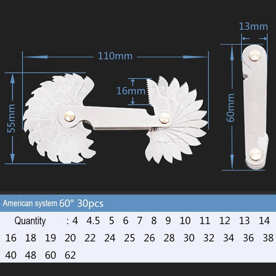 30 PCS US Screw Pitch Thread Blades 60 Degrees CR Stainless Steel Thread Gauge