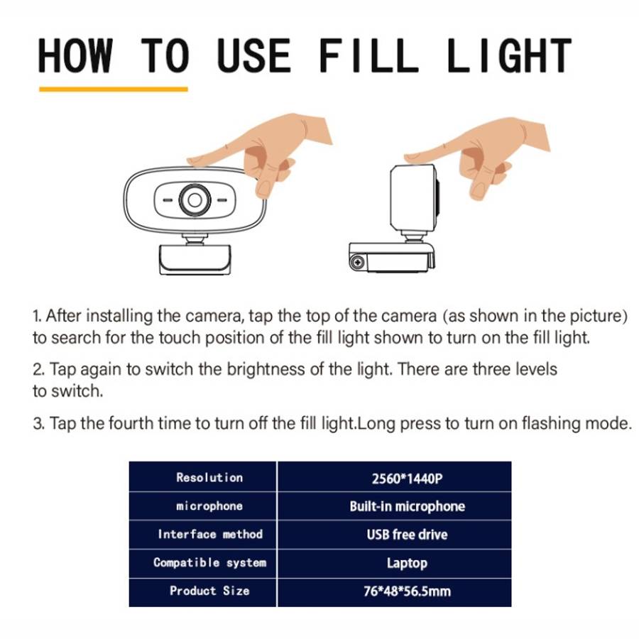 C10 2K HD Without Distortion 360 Degrees Rotate Three-speed Fill Light USB Free Drive Webcams, Bu...
