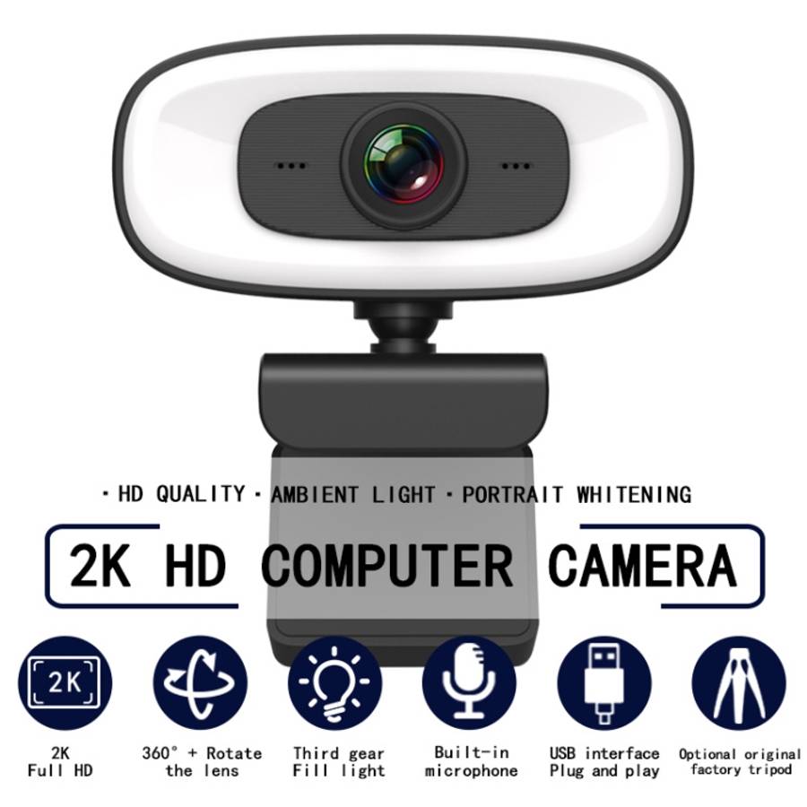 C10 2K HD Without Distortion 360 Degrees Rotate Three-speed Fill Light USB Free Drive Webcams, Bu...